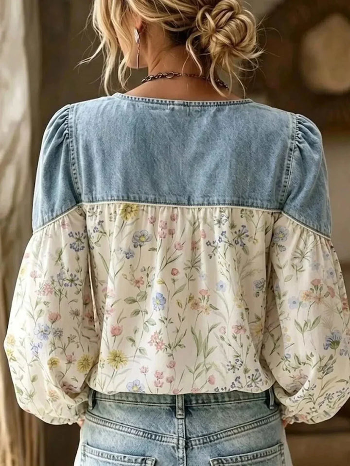Women’s Plus Size Floral Denim Top with a light blue denim yoke and cream floral-print fabric, featuring puff sleeves.