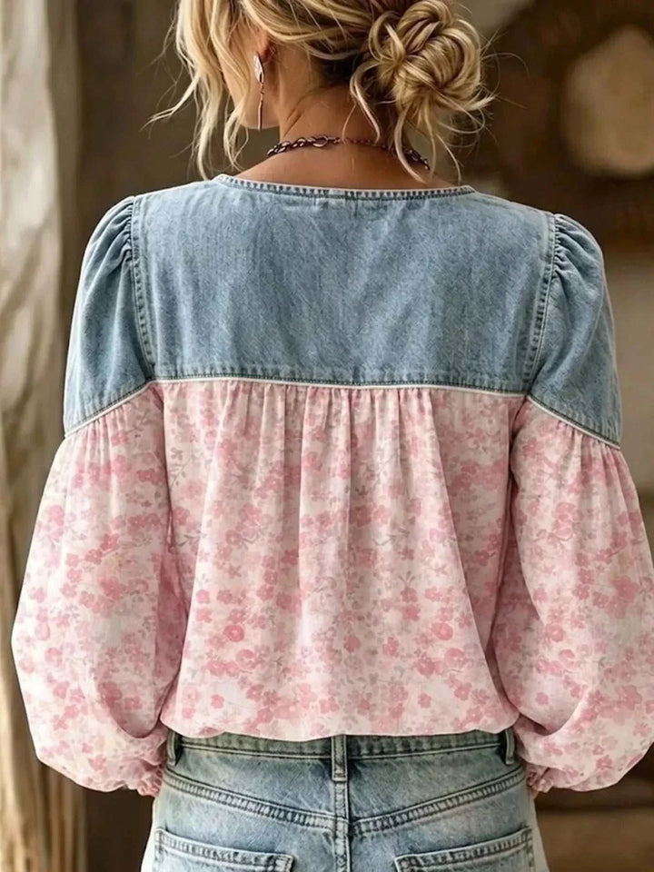 Women’s Plus Size Floral Denim Top with a light blue denim yoke and pink floral patchwork, gathered sleeves and back