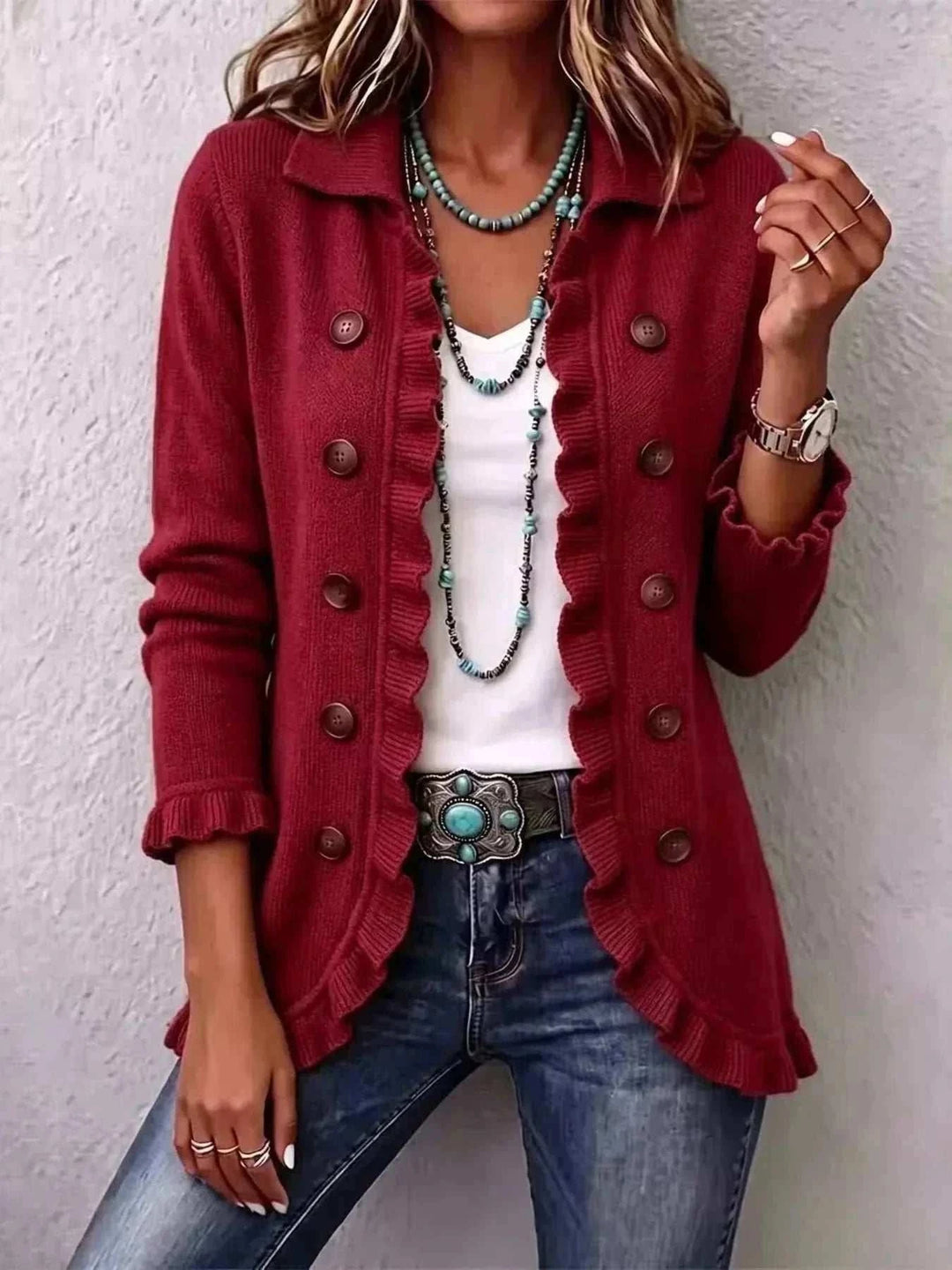 Women’s Plus Size Ruffled Cardigan in burgundy knit with a ruffled front and cuffs, collar, and double rows of buttons