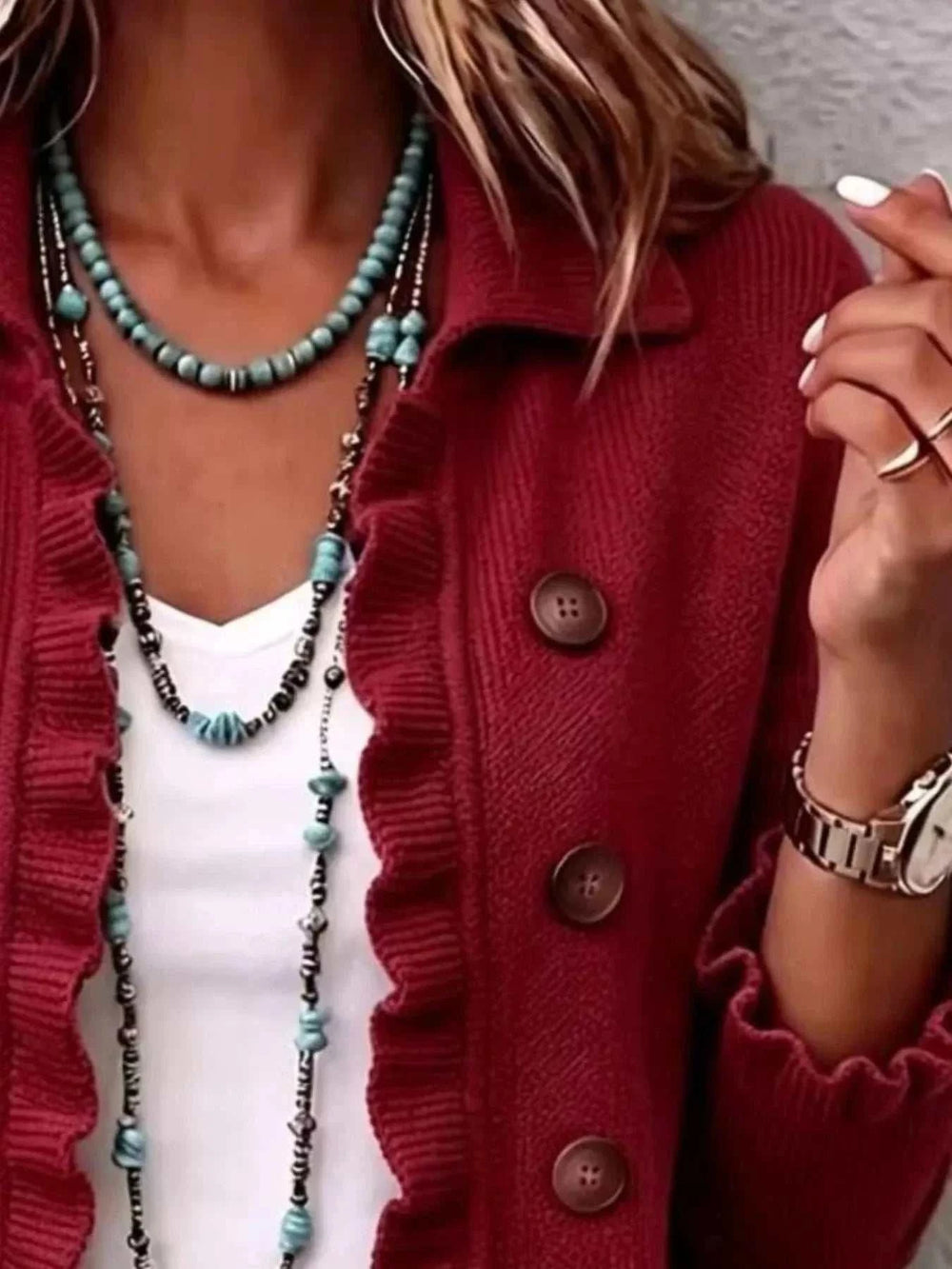 Women’s Plus Size Ruffled Cardigan in deep red knit with ruffled edges, brown buttons, and long sleeves