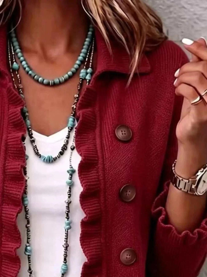 Women’s Plus Size Ruffled Cardigan in deep red knit with ruffled edges, brown buttons, and long sleeves