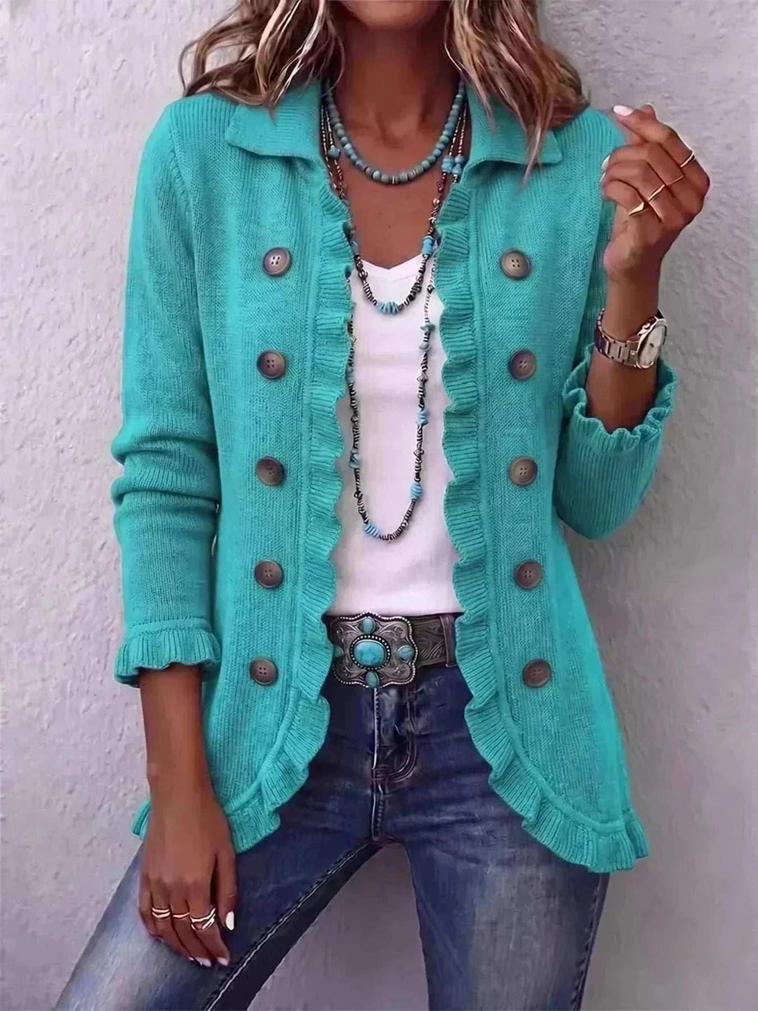 Women’s Plus Size Ruffled Cardigan in turquoise knit with a double-breasted button front, ruffled trim and three-quarter sleeves