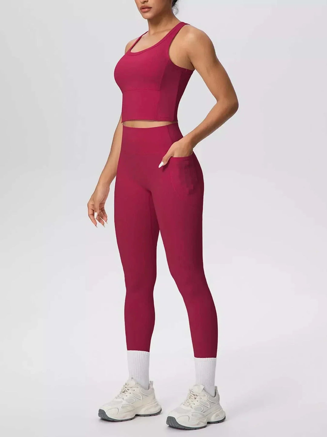 Women’s Tank and Leggings Set in solid berry red stretch fabric, with a scoop-neck cropped tank and high-waisted leggings