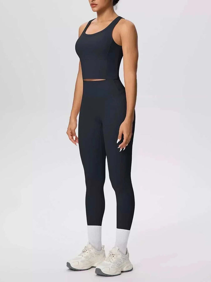Women’s Tank and Leggings Set in black stretch fabric, with a scoop-neck cropped tank and high-waisted leggings.