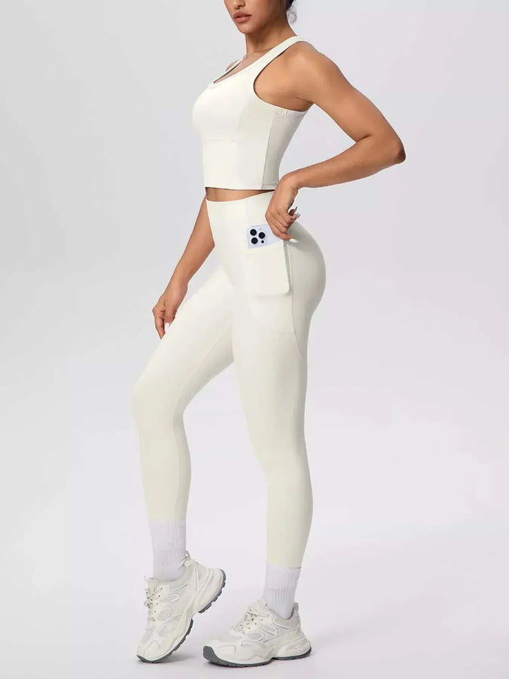 Women’s Tank and Leggings Set in ivory stretch fabric with a scoop-neck crop tank and high-waisted leggings