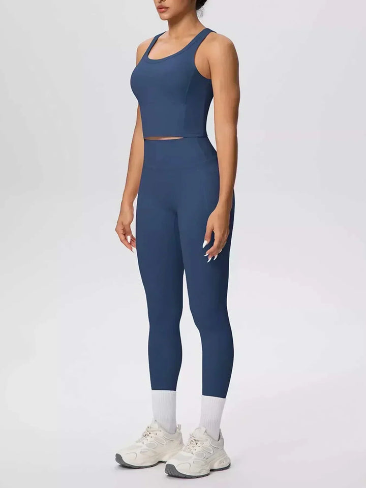 Women’s Tank and Leggings Set in solid navy stretch fabric, featuring a scoop-neck cropped tank and high-waisted leggings