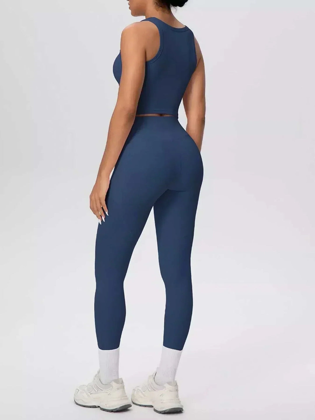 Women’s Tank and Leggings Set in navy stretch fabric with a racerback tank and high-waisted leggings