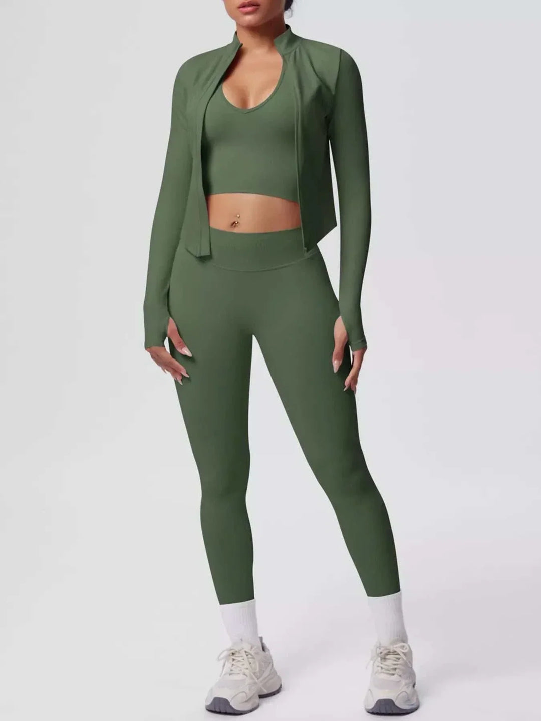 Women’s Three-Piece Activewear Set in olive green stretch fabric with a cropped tank, open zip-up jacket and leggings