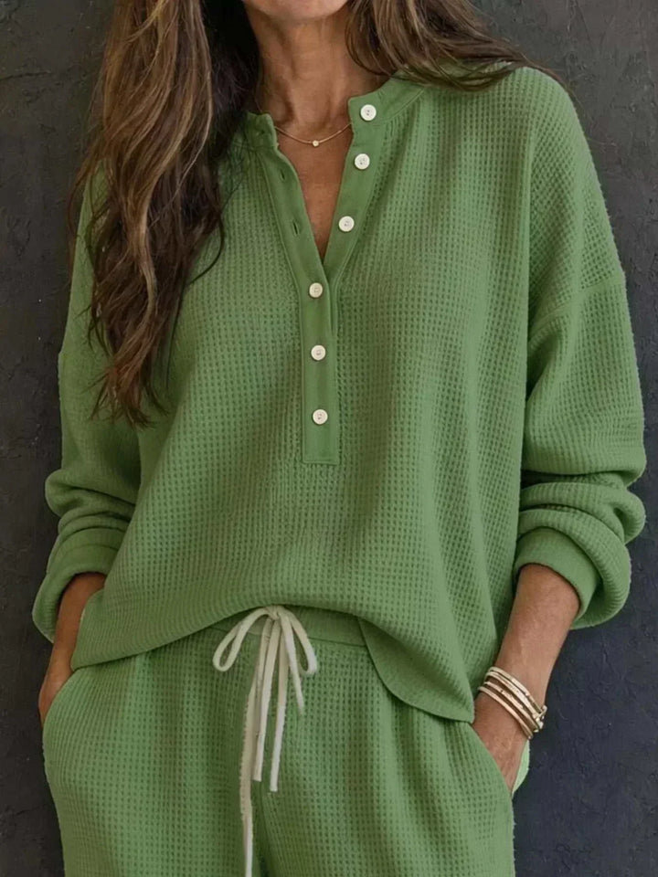 Women’s Waffle Knit Set in sage green with a textured waffle-knit button-front top and matching drawstring pants
