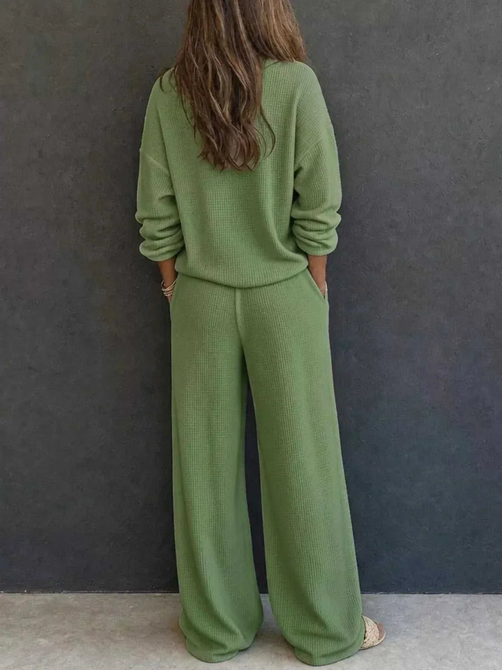 Women’s Waffle Knit Set in sage green, with a textured long-sleeve top and relaxed wide-leg pants.