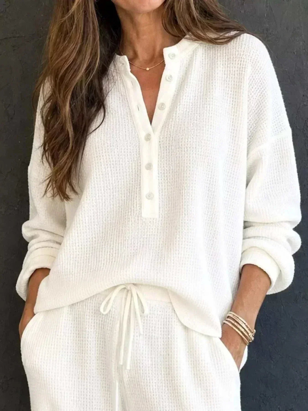 Women’s Waffle Knit Set in ivory waffle-textured knit, featuring a relaxed long-sleeve button-front top and matching drawstring pants