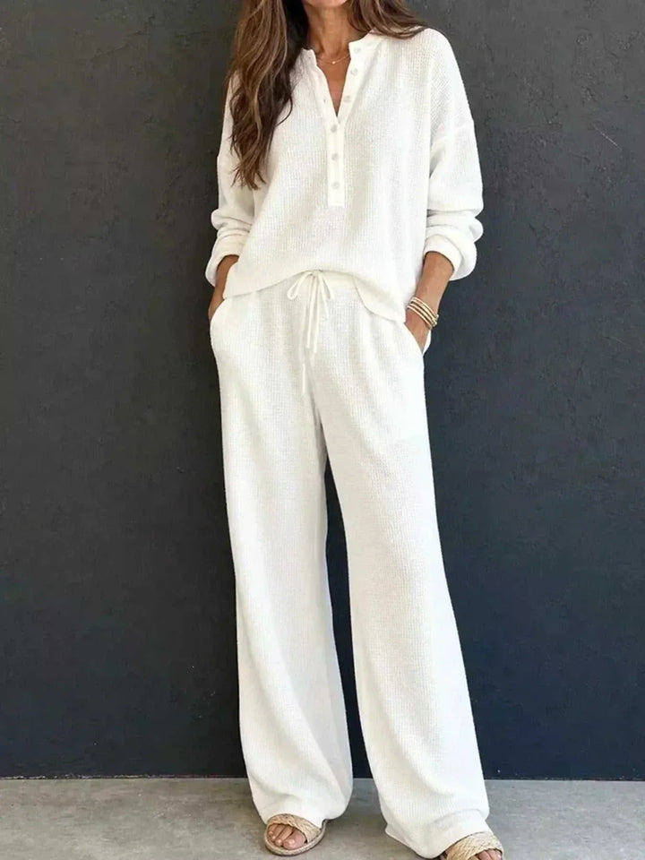 Women’s Waffle Knit Set in ivory textured knit, featuring a long-sleeve button-placket top and wide-leg drawstring pants