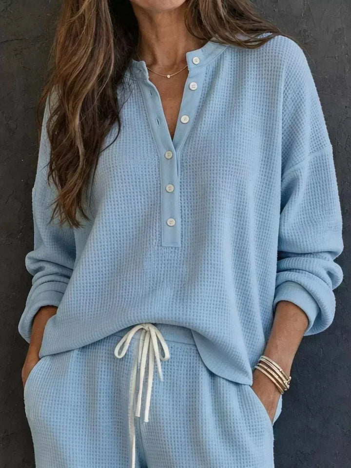 Women’s Waffle Knit Set in pale blue textured knit, featuring a button-front pullover top and matching drawstring pants