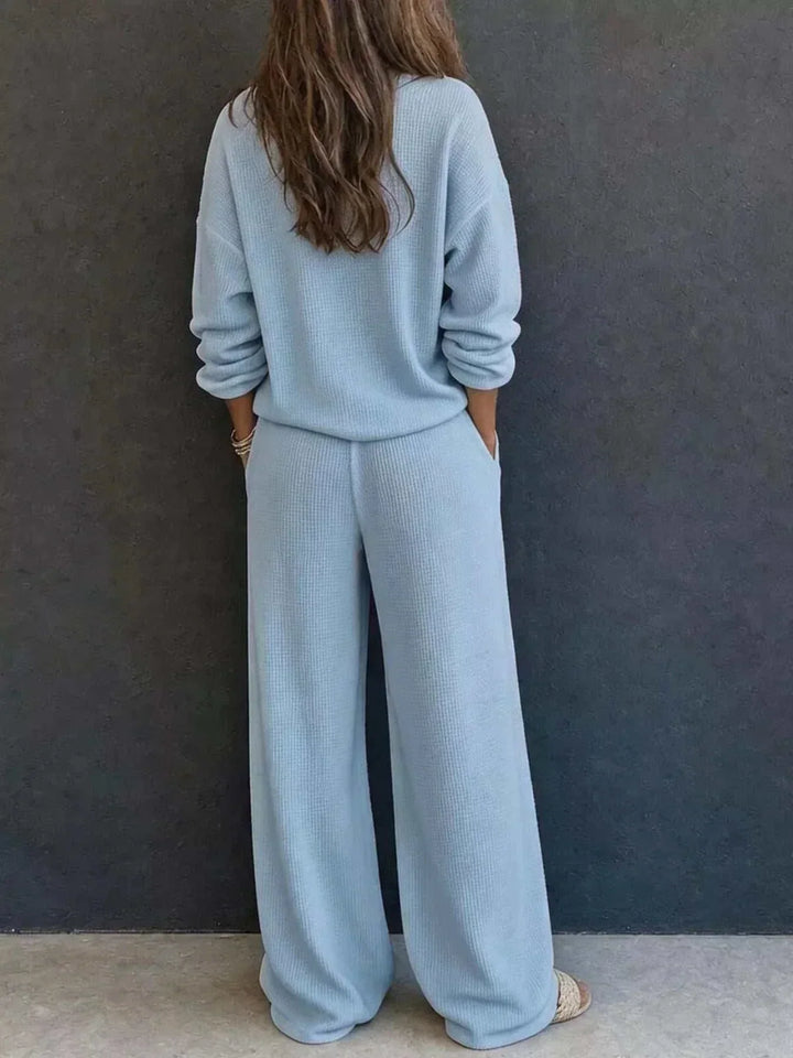 Women’s Waffle Knit Set in pale blue textured knit with a relaxed long-sleeve top and wide-leg pants