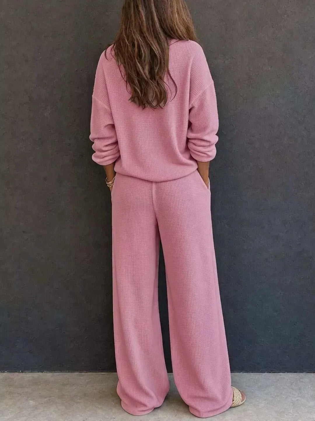 Women’s Waffle Knit Set in dusty pink textured knit, with a relaxed long-sleeve top and matching wide-leg pants