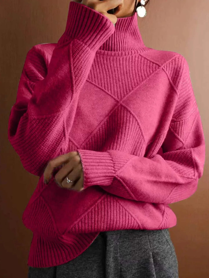 Women’s Argyle Turtleneck Sweater knit design with classic argyle pattern and cozy turtleneck neckline
