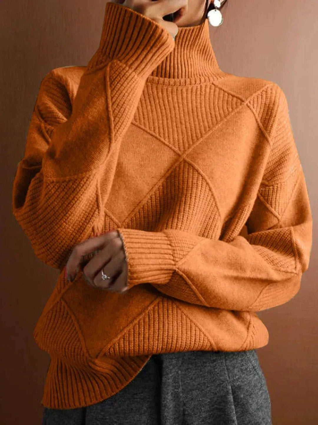Women’s Argyle Turtleneck Sweater with classic knit argyle pattern and cozy turtleneck neckline for fall and winter wear