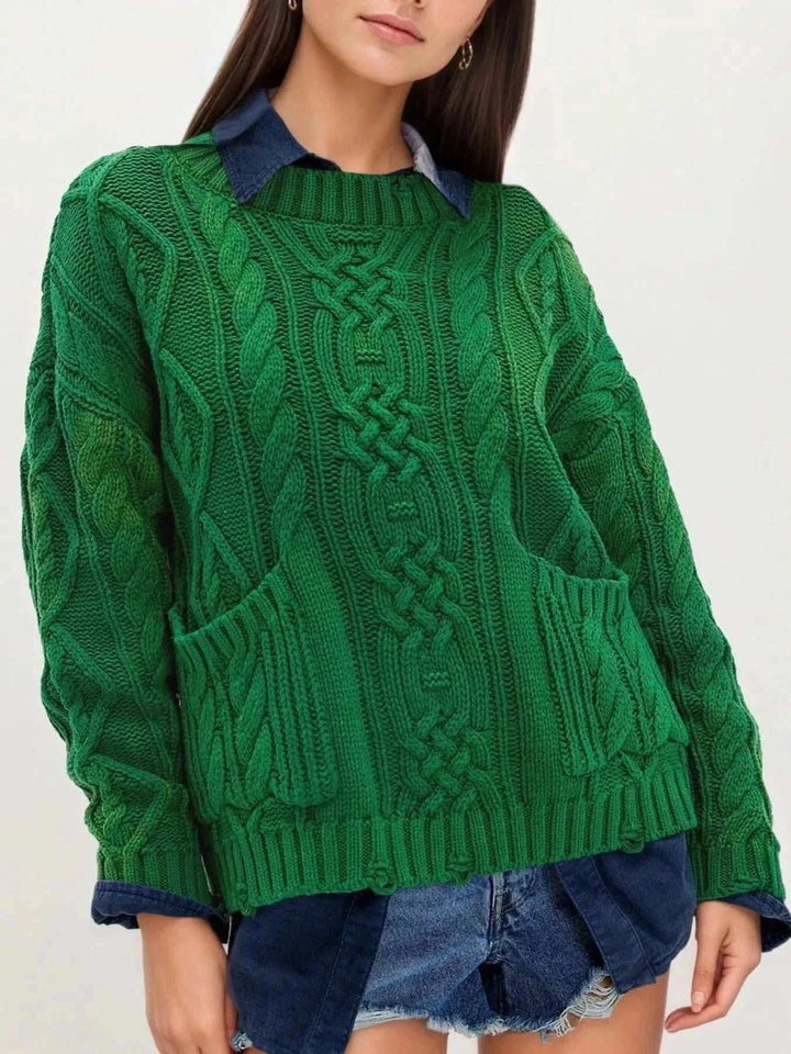 Womens cable-knit pocket sweater cozy fall winter style