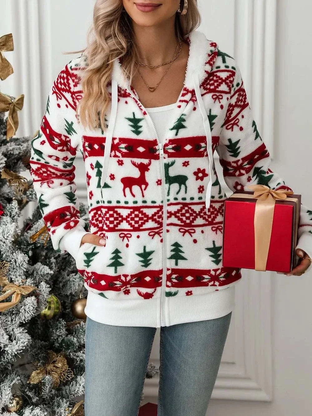 Women's Christmas hooded jacket with festive holiday print and front zipper from Hot Topic Goods