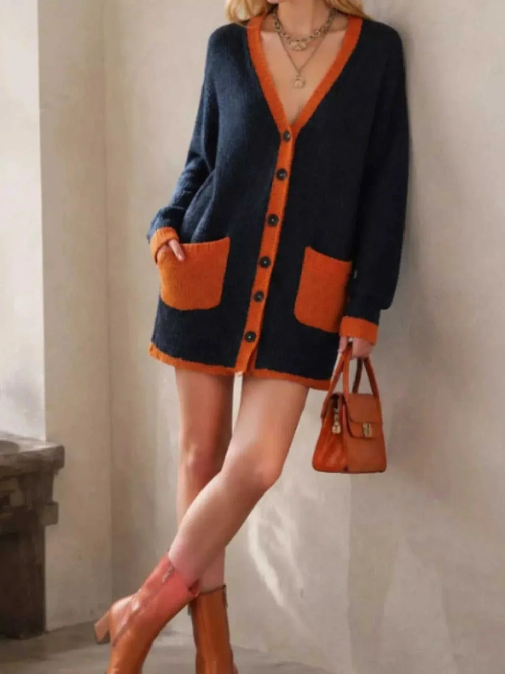 Women’s Color-Block Knit Cardigan with V-neck buttons and long sleeves from Hot Topic Goods