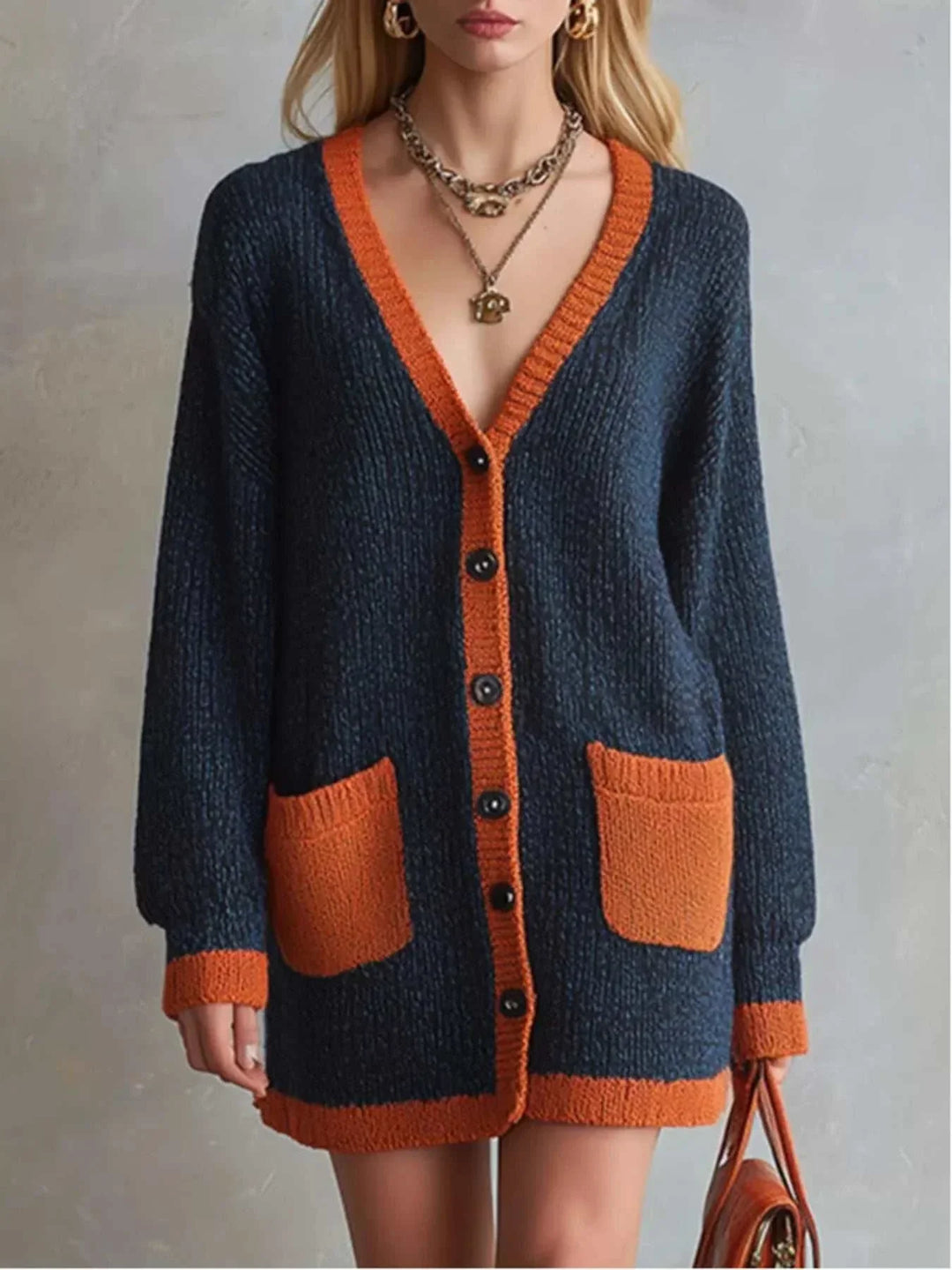 Women’s Color-Block Knit Cardigan with V-neck and buttons, long sleeves, casual fall layering from Hot Topic Goods