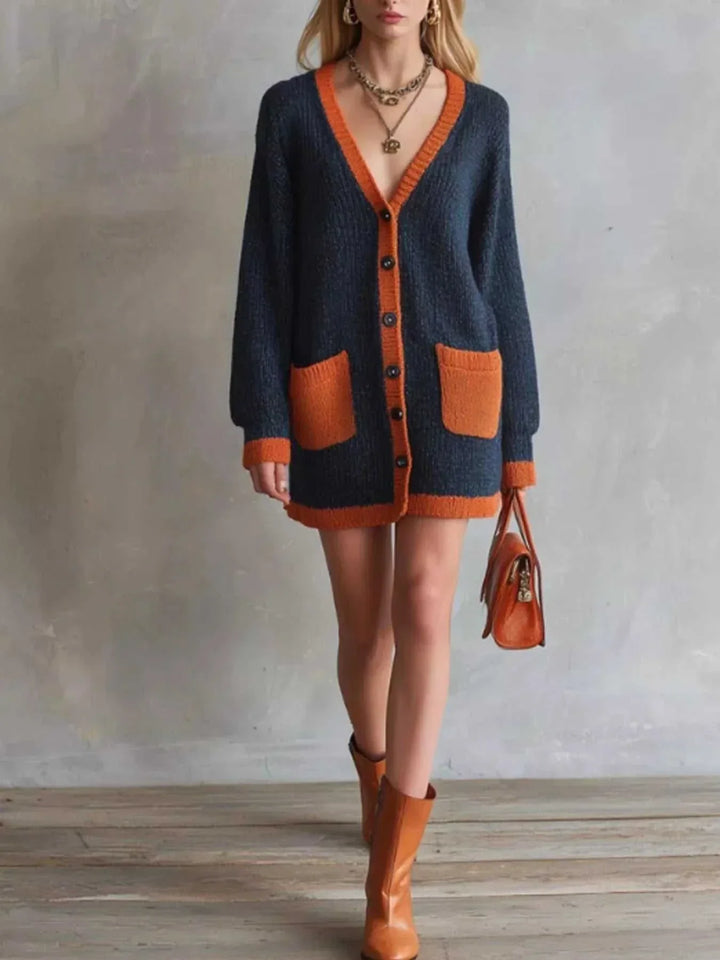 Women’s color-block knit cardigan with V-neck buttons and long sleeves from Hot Topic Goods