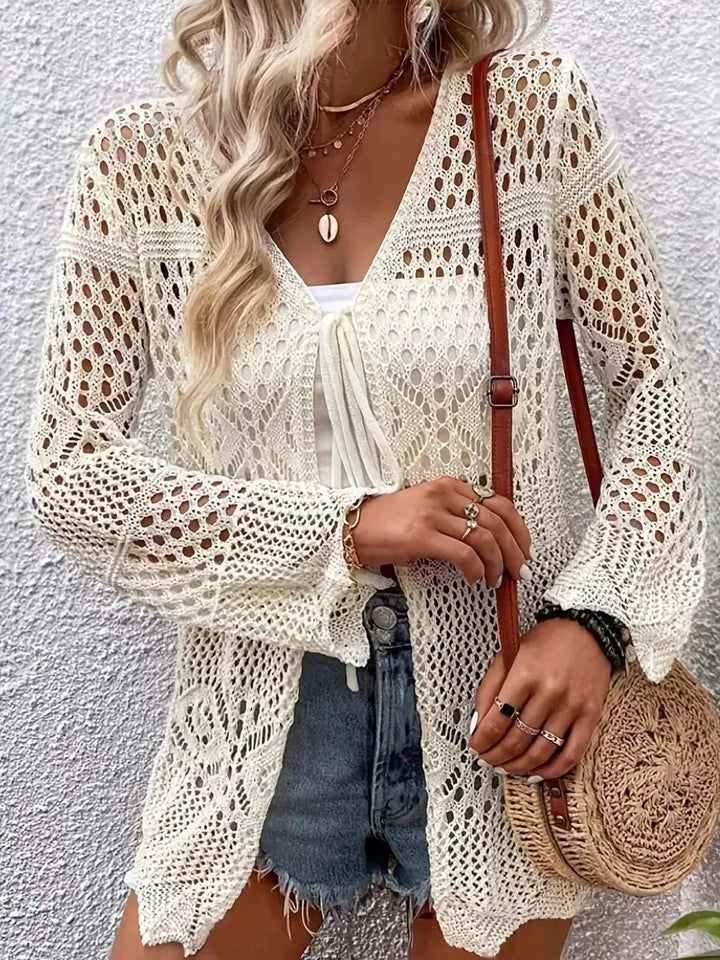 Women’s Crochet Tie-Front Cardigan from Hot Topic Goods lightweight open-knit sweater with tie-front closure ideal for spring and summer layering