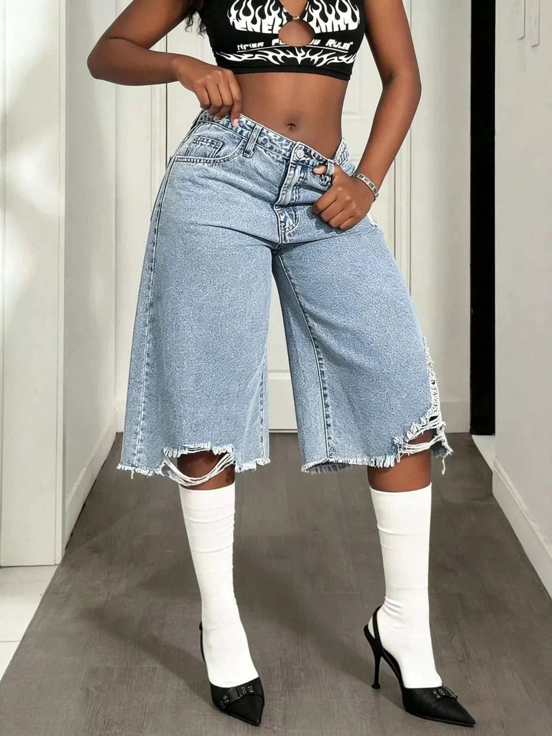 Women's distressed denim shorts wide-leg casual fashion from Hot Topic Goods
