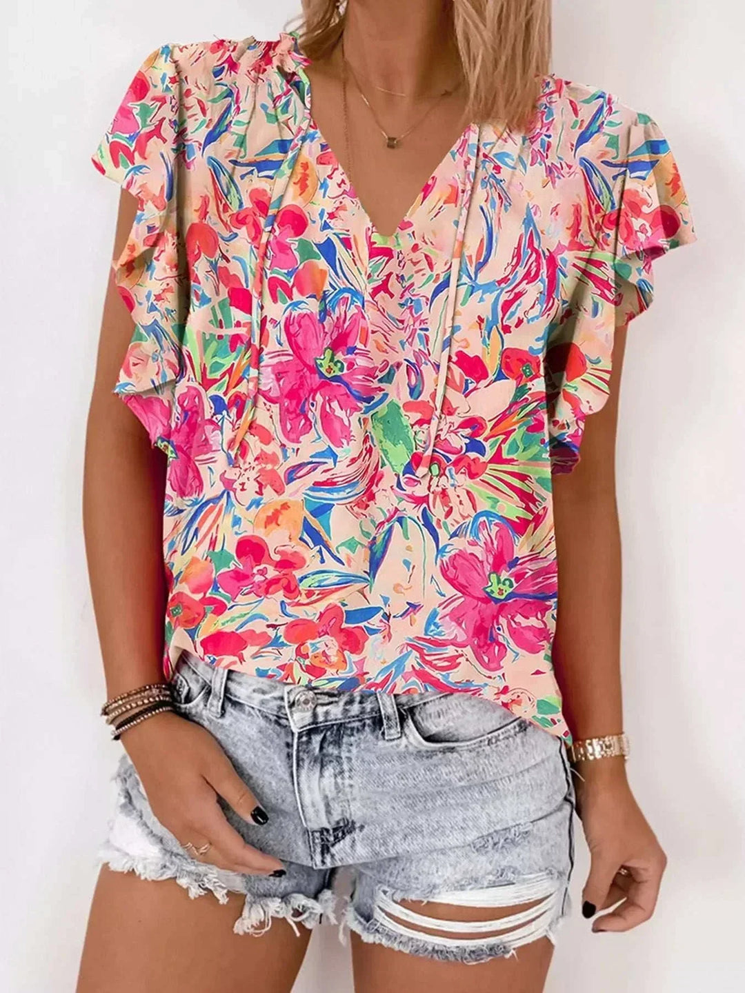 Women's floral ruffle sleeve V-neck summer blouse with vibrant multicolor print from Hot Topic Goods