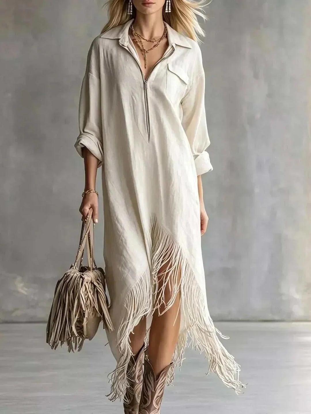 Women's Fringe Hem Shirt Dress in ivory lightweight fabric, with a zip-front collar, rolled sleeves, and long fringe hem.