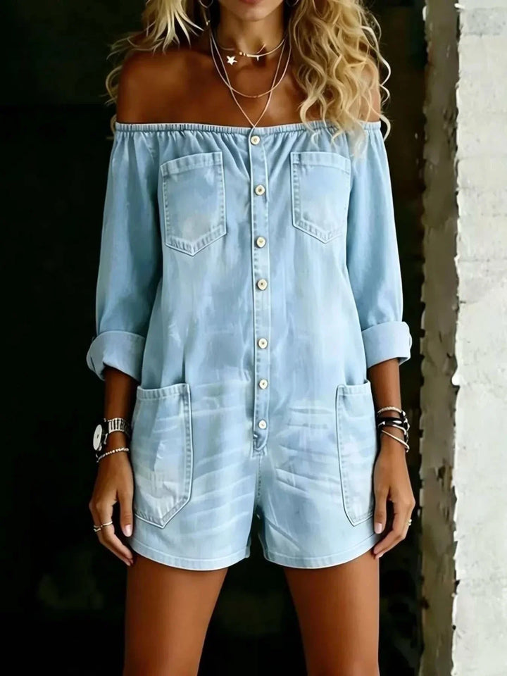 Woman wearing a full-size button-down off-shoulder romper from Hot Topic Goods