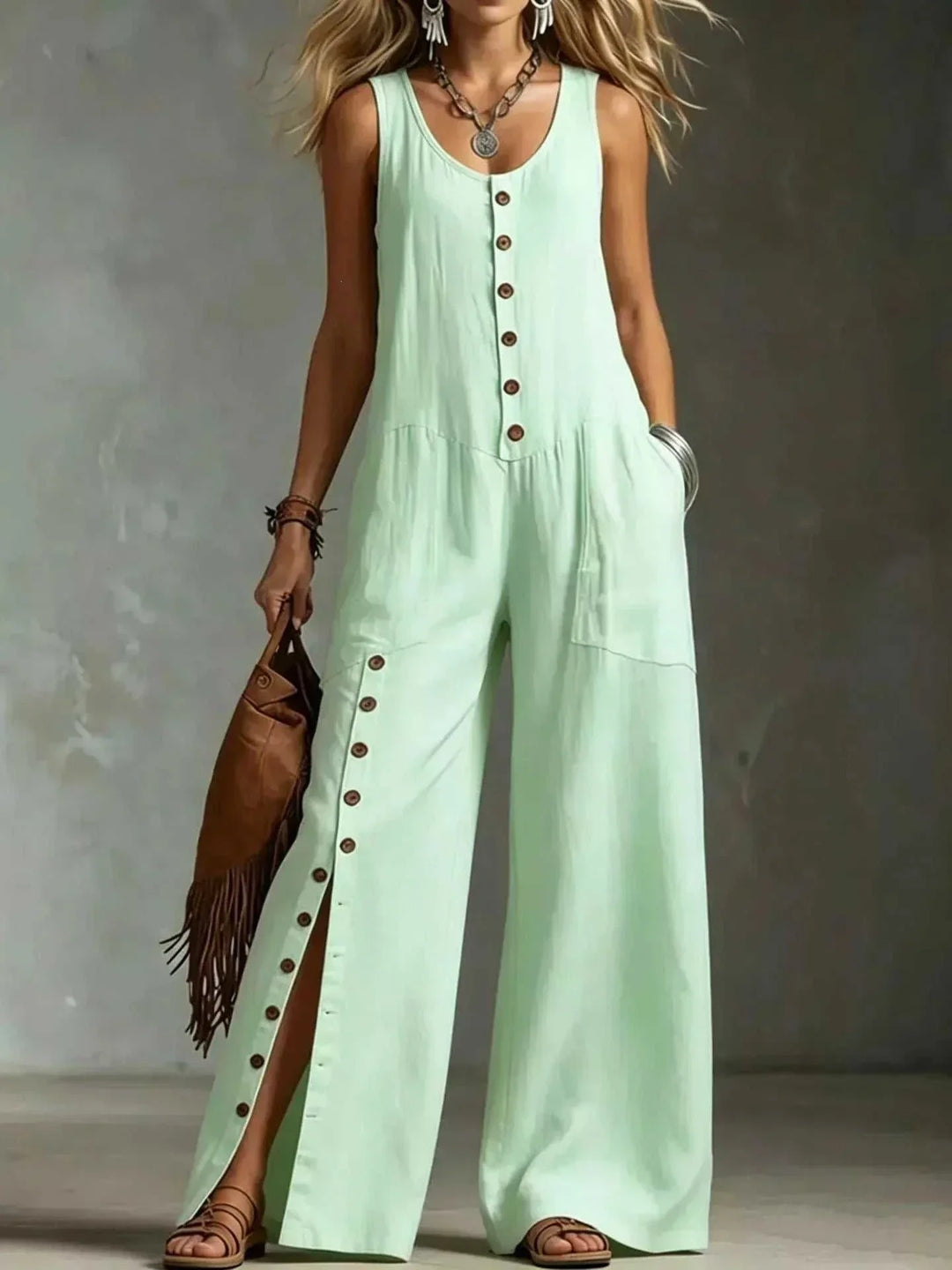 Women wearing full size sleeveless button-front wide leg jumpsuit from Hot Topic Goods