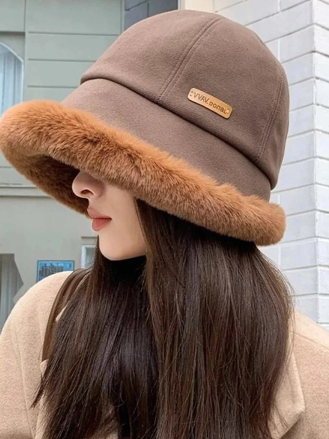 Women’s Fuzzy Trim Bucket Hat with soft fuzzy edge in classic bucket silhouette for fall and winter fashion