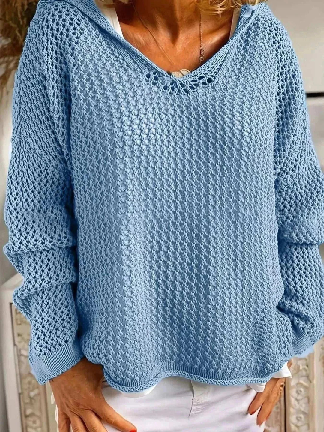 Women wearing lightweight Women’s Hooded Knit Cover-Up with hood and long sleeves over swimwear outdoors