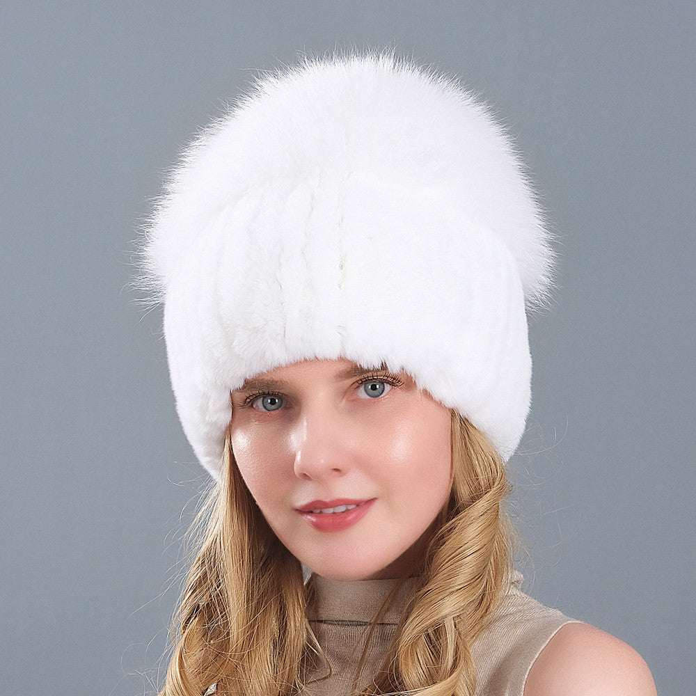 Women wearing Korean-style knitted earmuff hat with rex rabbit fur from Hot Topic Goods