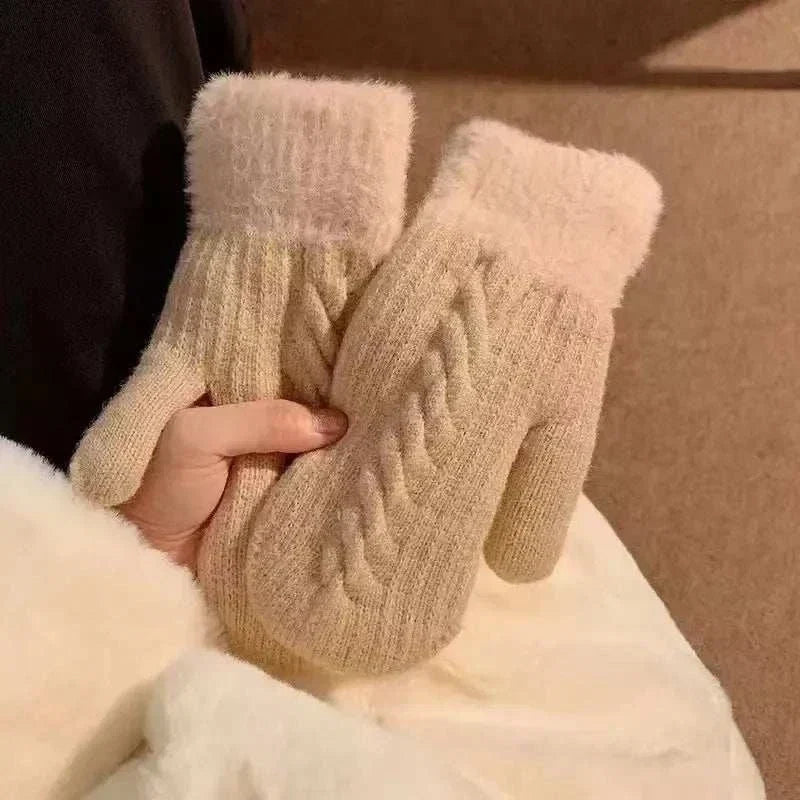 Pair of women's knitted winter mittens in classic polyester fiber, cozy and versatile for fall and winter outfits