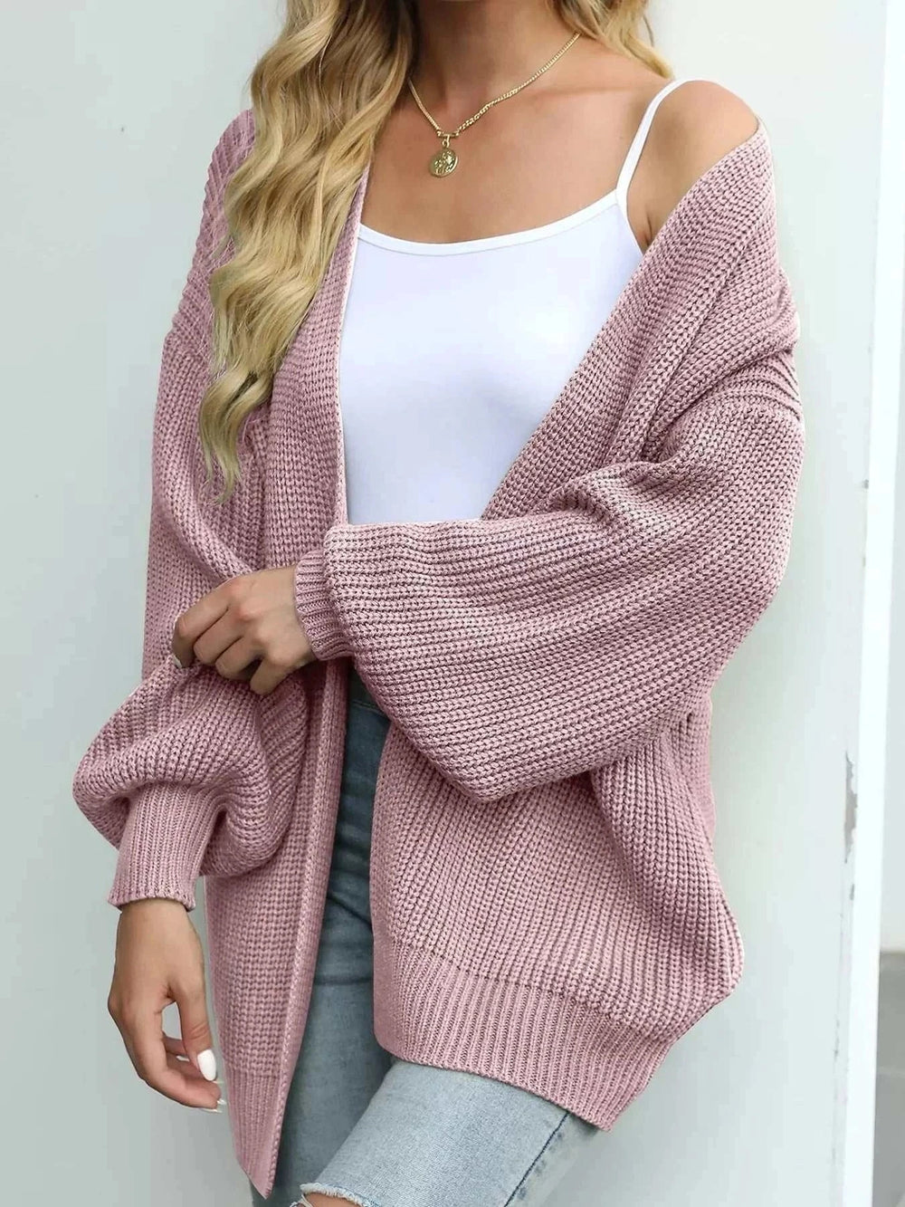 Women’s Lantern Sleeve Knit Cardigan with chunky open-front and voluminous sleeves for cozy layering