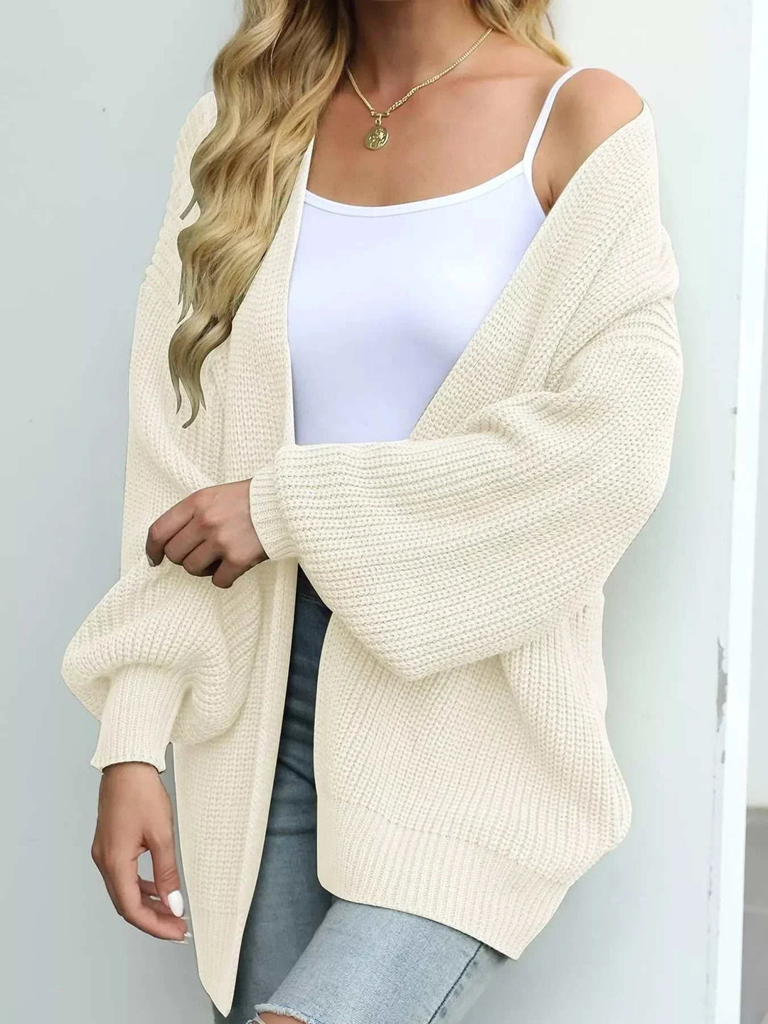 Women’s lantern sleeve knit cardigan with chunky open-front design and cozy texture