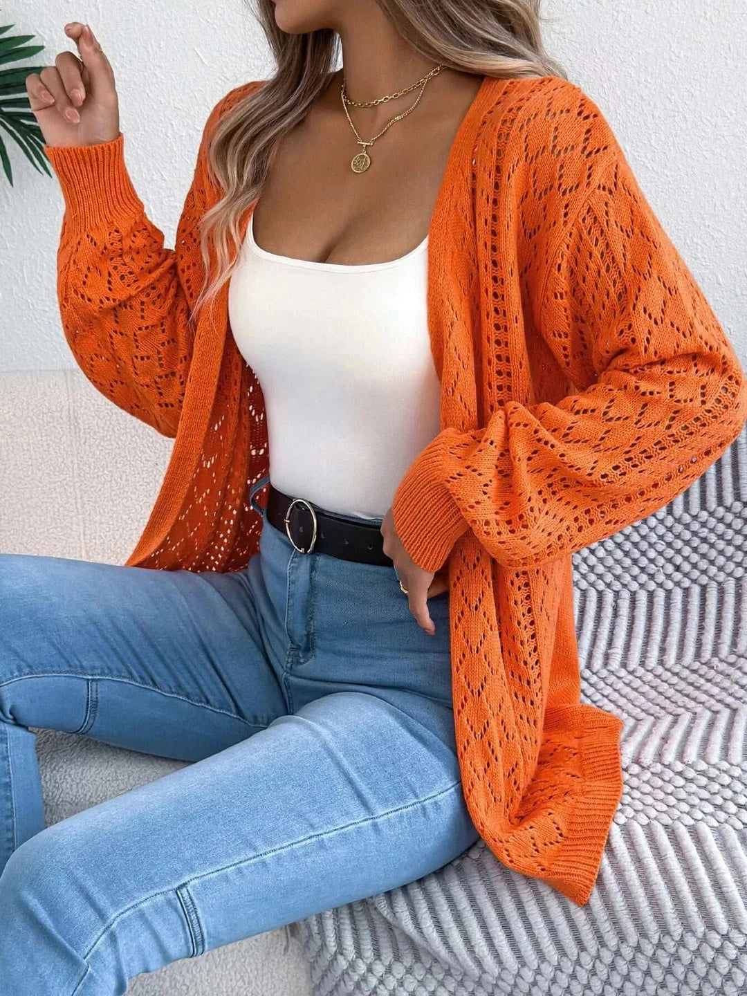 Women’s Lightweight Open-Front Cardigan with openwork design and long sleeves from Hot Topic Goods