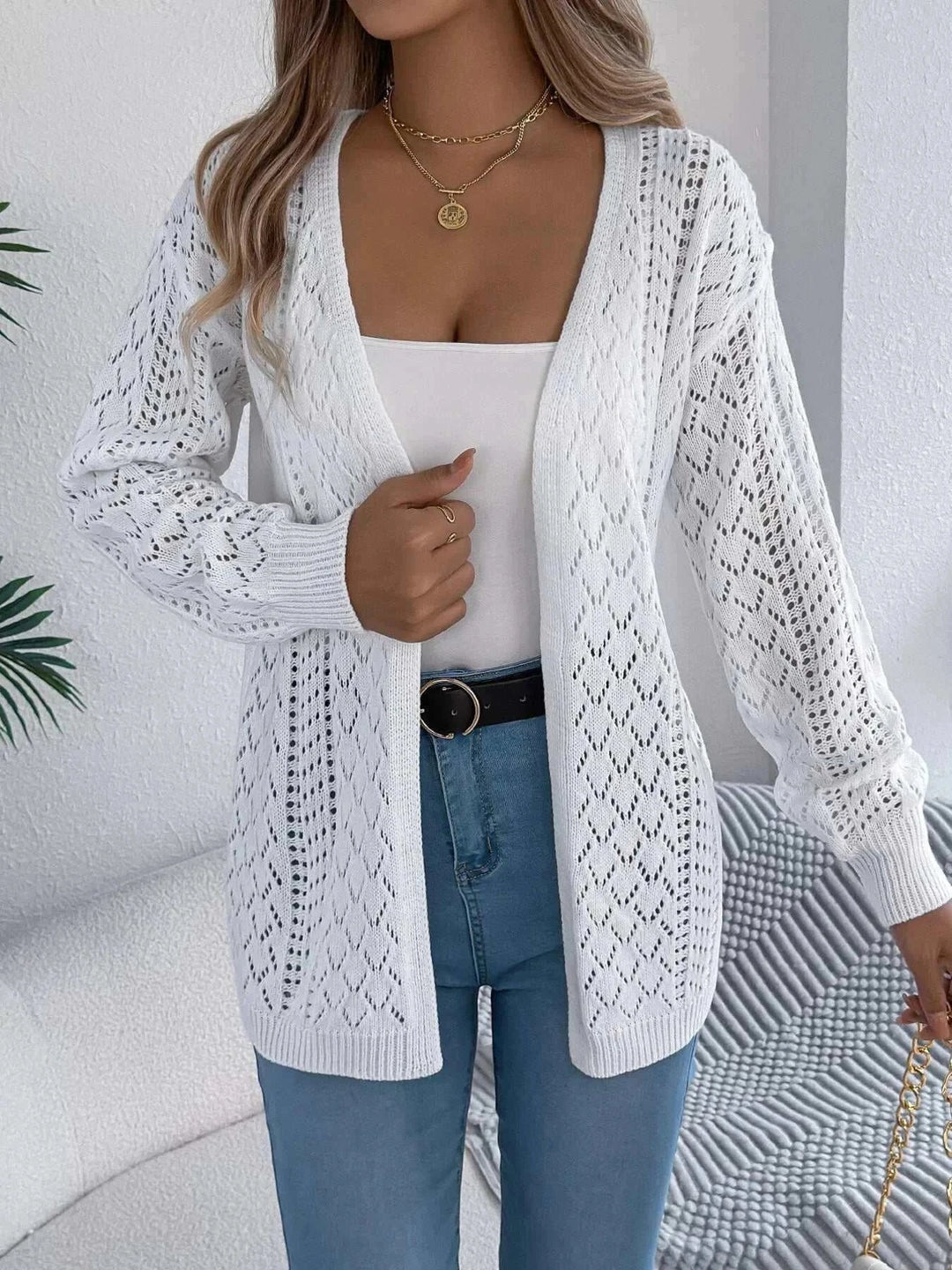 Women’s lightweight open-front cardigan with openwork design and long sleeves from Hot Topic Goods