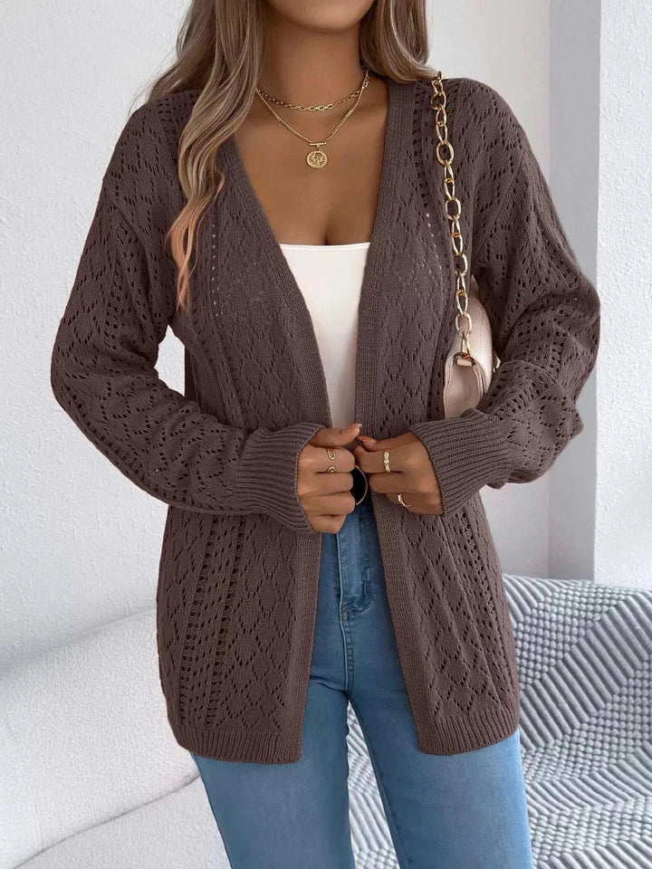 Women’s Lightweight Open-Front Cardigan with openwork design, long sleeves, and breathable acrylic fabric for versatile layering