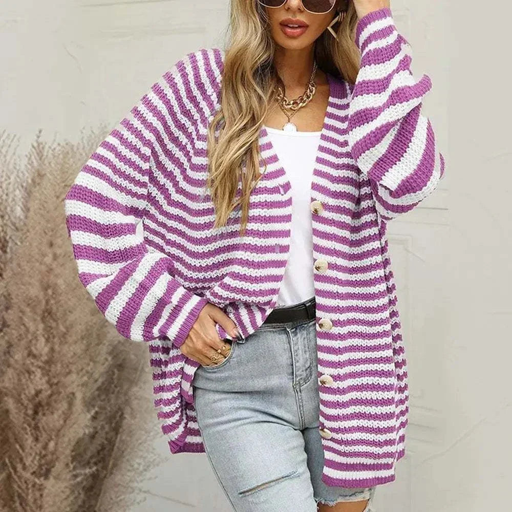 Women’s long sleeve striped cardigan with button-down front from Hot Topic Goods, ideal for casual layering and cooler seasons