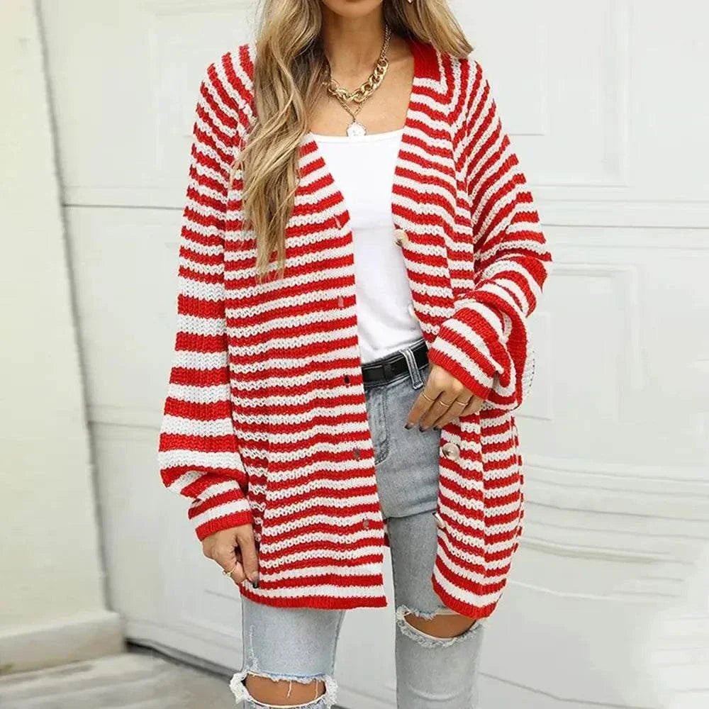 Women’s long sleeve striped cardigan with button-down front from Hot Topic Goods for casual layering