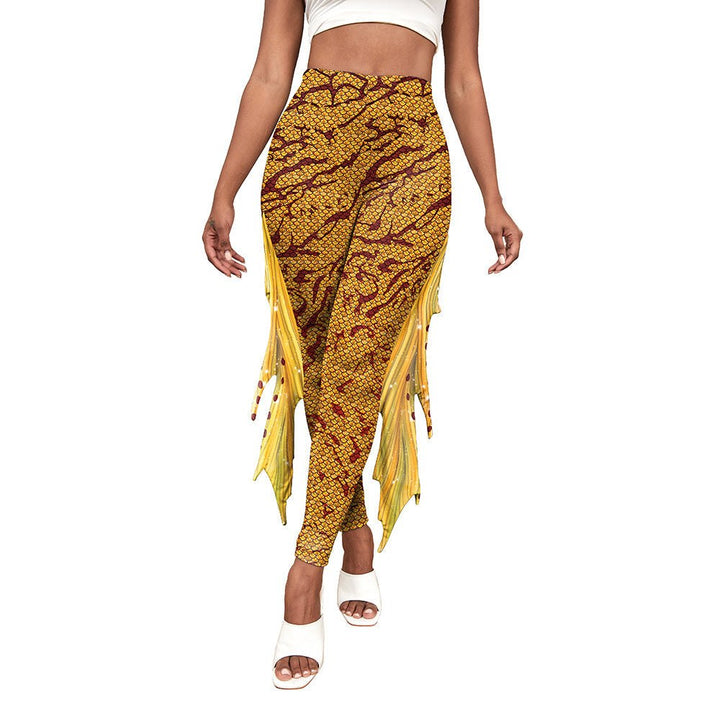 Woman wearing colorful mermaid print leggings with fitted silhouette from Hot Topic Goods
