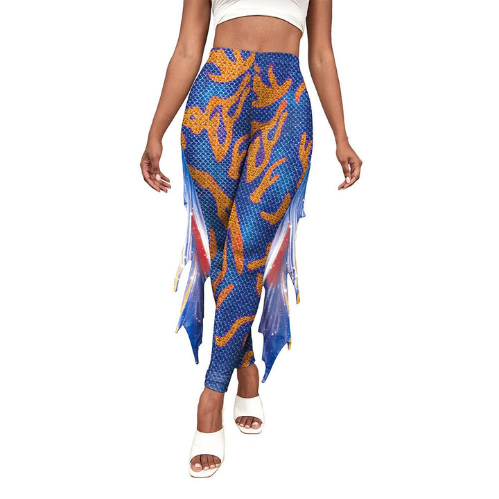 Woman wearing colorful mermaid print leggings by Hot Topic Goods in fitted silhouette