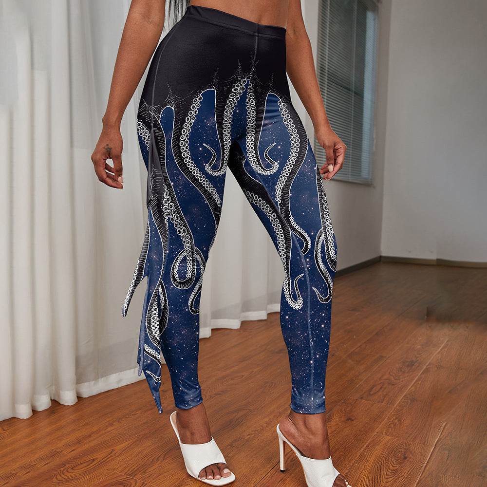 Woman wearing vibrant Women's Mermaid Print Leggings with colorful mermaid tail design and fitted silhouette