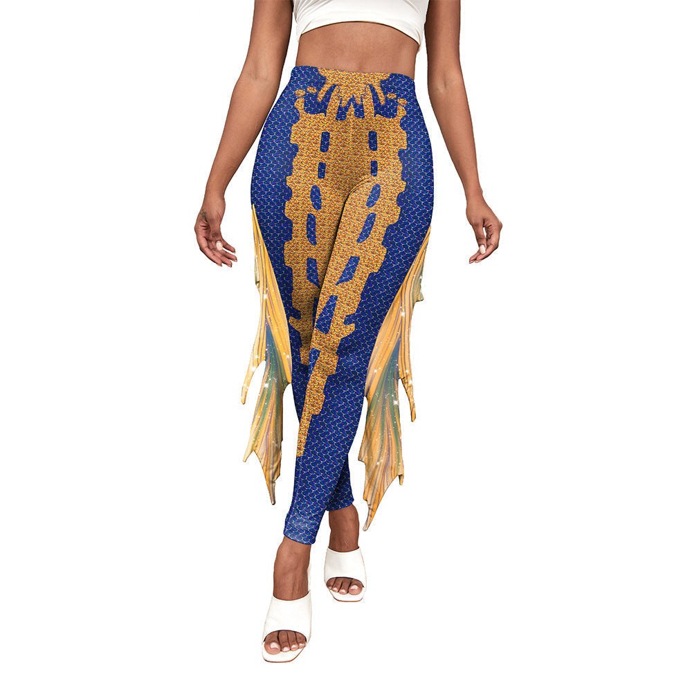 Woman wearing colorful mermaid print leggings by Hot Topic Goods highlighting fitted silhouette and vibrant tail design