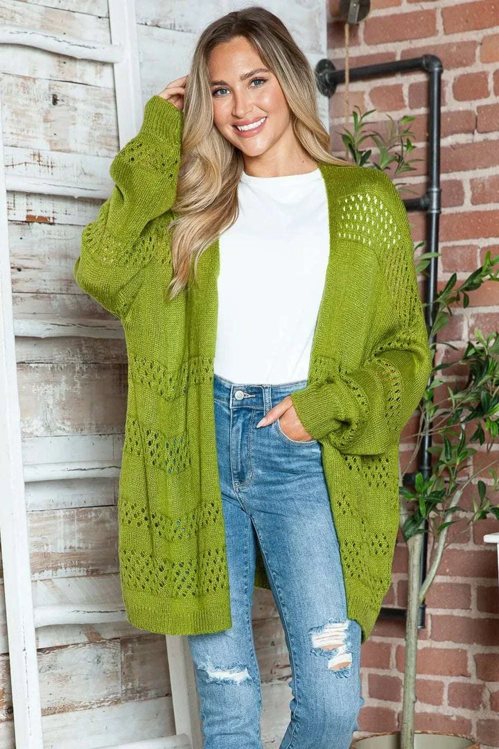 Women wearing lightweight open-front long sleeve cardigan with openwork textured design from Hot Topic Goods