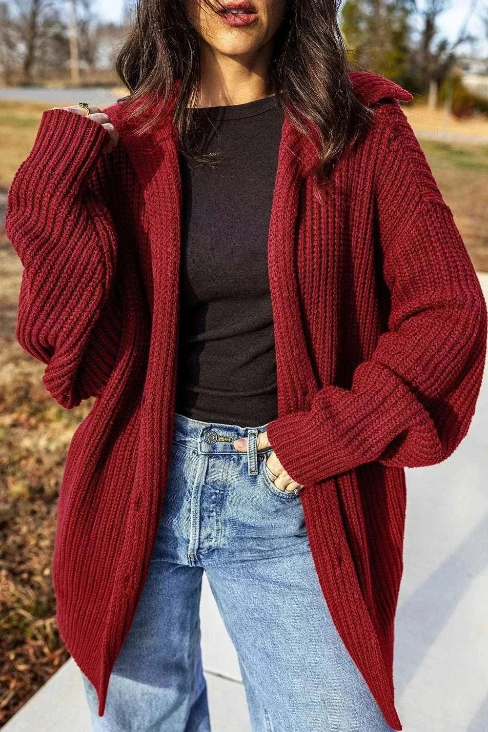 Womens oversized button-front knit cardigan in soft acrylic knit