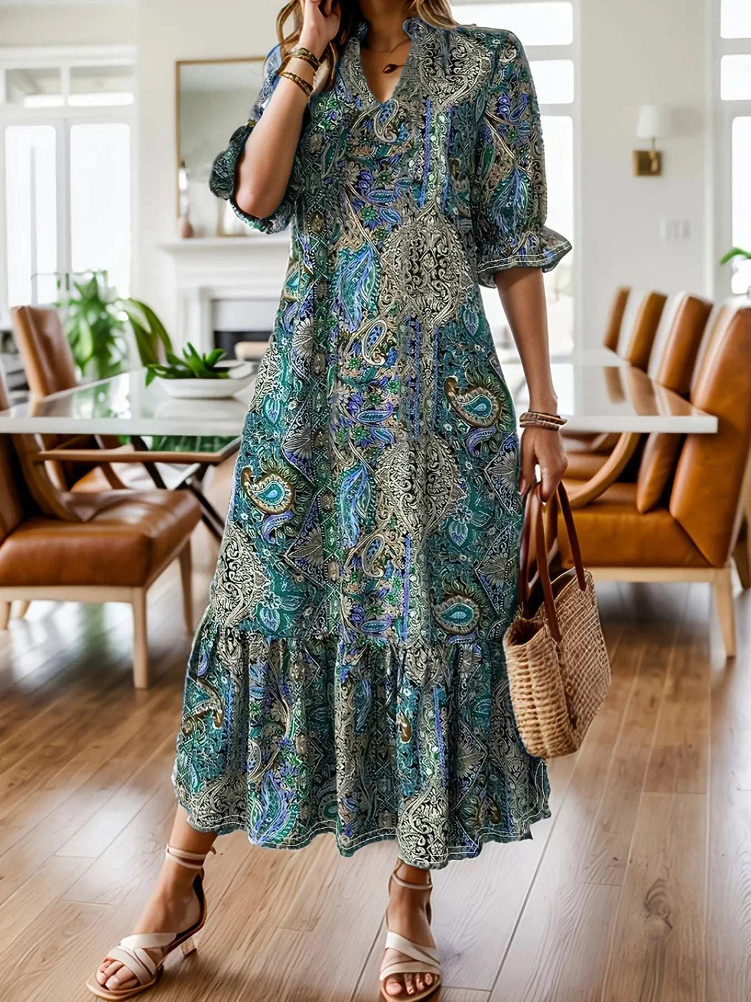 Women's Paisley Print Midi Dress in teal, blue and cream polyester with an ornate paisley pattern, V-neck and ruffled hem
